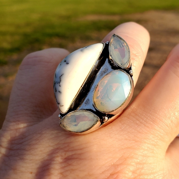 New Dendritic Opal and Milky Fire Opal 925 Silver Ring. - Picture 4 of 16